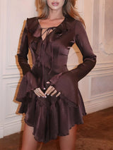 Satin-Rüschen-Minikleid in Braun