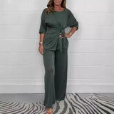 Aurelle™ Premium-Strickset mit Bluse mit Frontschnürung und fließender Hose / Das Wildcard-Teil der modernen Garderobe! in Grün