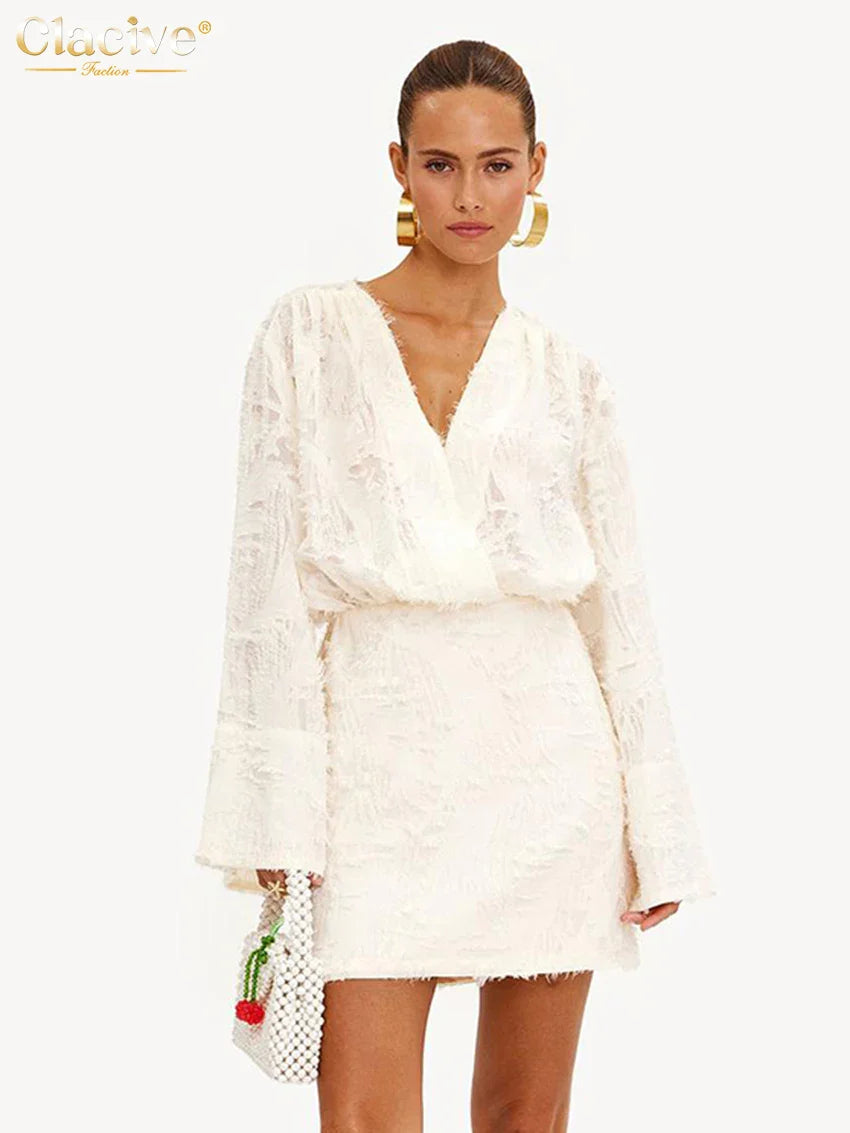 Clacive Herbst Lose Gelb Casual Frauen Kleider 2024 Sexy V-ausschnitt Langarm Mini Kleid Elegante Klassische Hohe Taille Weibliche Kleid