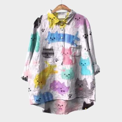 VIVIANA | Oversize-Bluse mit Aquarellkatzen und fröhlichem Komfort für jeden Moment
