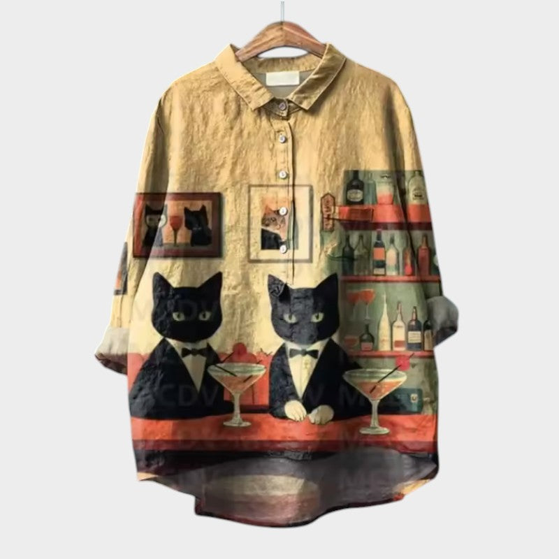 VIVIANA | Oversize-Bluse mit Aquarellkatzen und fröhlichem Komfort für jeden Moment