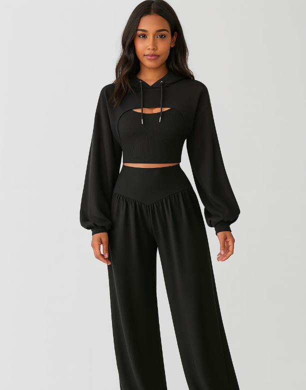 Damen 3-teiliges Set – Kapuzenpullover, Tanktop mit Knoten & High-Waist-Yogahose