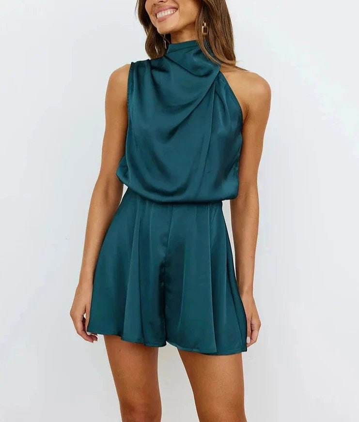 Damen-Satin-Overall mit Neckholder und kurzen Beinen