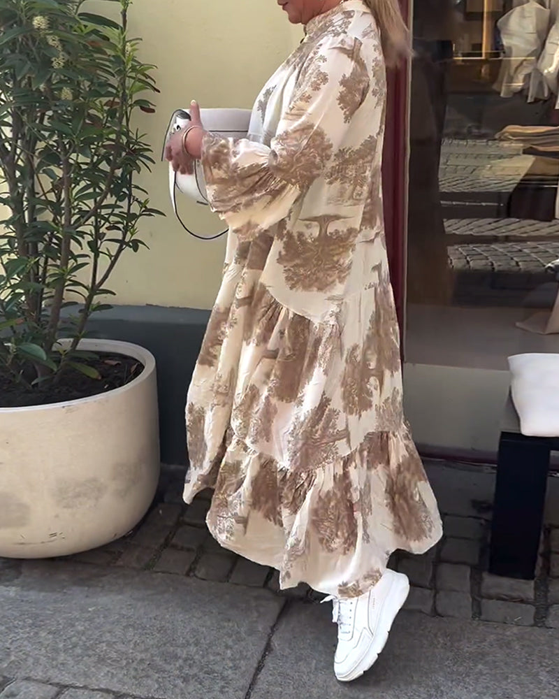 Maxikleid mit Print, Volantärmeln & Stehkragen – Stilvoll & Luftig