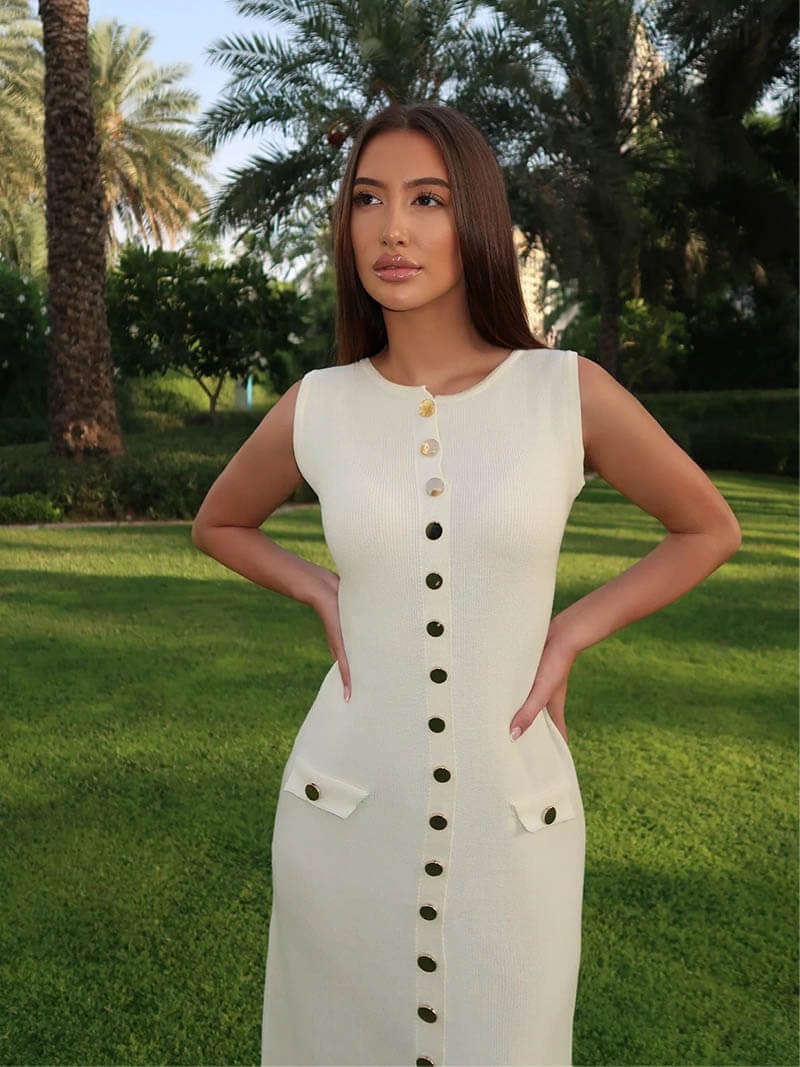 Rosamund | Elegantes Knopfdetail Ärmellos-Maxikleid – Zeitlose Klasse & Raffinesse