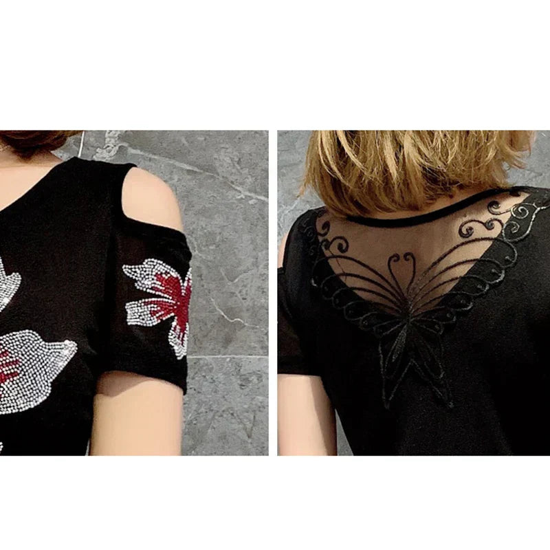 Schulterfreies, dehnbares, schmal geschnittenes T-Shirt aus Mesh im koreanischen Stil