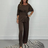 Aurelle™ Premium-Strickset mit Bluse mit Frontschnürung und fließender Hose / Das Wildcard-Teil der modernen Garderobe! in Kaffee
