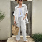 Yasmine™ Baumwoll-Leinen-Set mit Button-down-Hemd und verstellbaren Ärmeln in Weiß