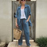 Yasmine™ Baumwoll-Leinen-Set mit Button-down-Hemd und verstellbaren Ärmeln in Navyblau
