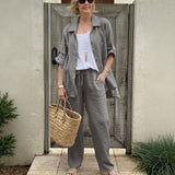 Yasmine™ Baumwoll-Leinen-Set mit Button-down-Hemd und verstellbaren Ärmeln in Grau