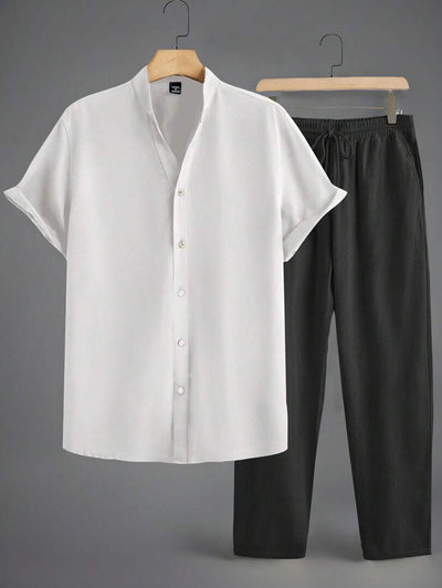 Minimalistisches Herren-Set | Kurzarmhemd mit Stehkragen & Hose