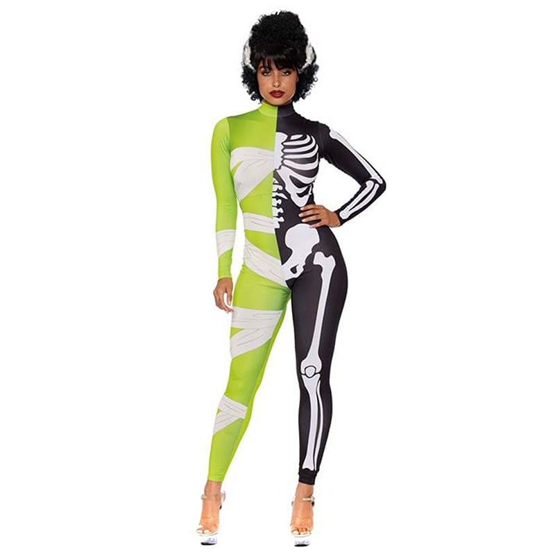 Damen Halloween-Jumpsuit mit Skelett- und Mumienmotiv | Einteiler mit Langarm