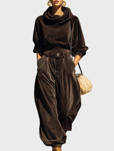 Skaidre - Vintage Samt Kapuzenpullover Und Lockere Hose Im Set in Kaffee