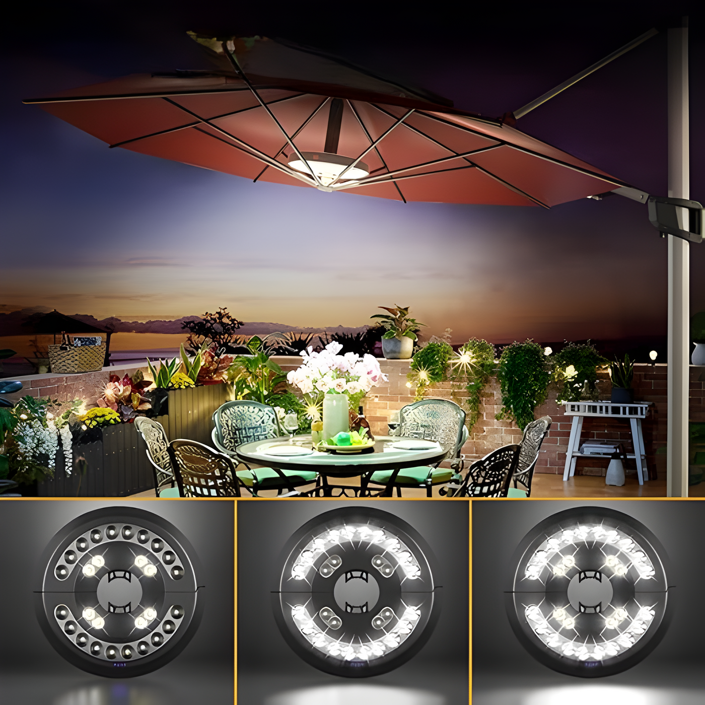 GlowShade Disc - Terrassen-Schirmleuchte mit 3 Helligkeitsmodi