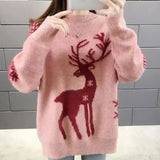 Doris | Gestrickter Damen-Weihnachtspullover mit Rentiermotiv in Rosa