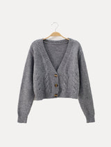 Christa | Damen Zopfmuster-Strickjacke mit V-Ausschnitt und Knöpfen in Grau