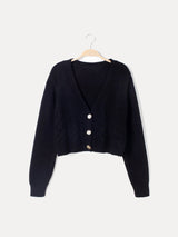 Christa | Damen Zopfmuster-Strickjacke mit V-Ausschnitt und Knöpfen in Schwarz
