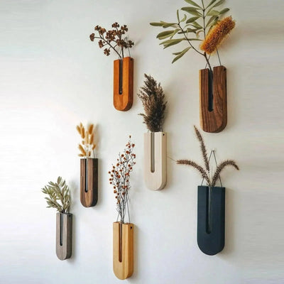 Vintage Wandvase │ Holz-Hydroponik Wandpflanzenhalter │ Transparenter Glasröhren-Blumentopf