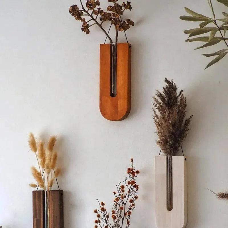 Vintage Wandvase │ Holz-Hydroponik Wandpflanzenhalter │ Transparenter Glasröhren-Blumentopf