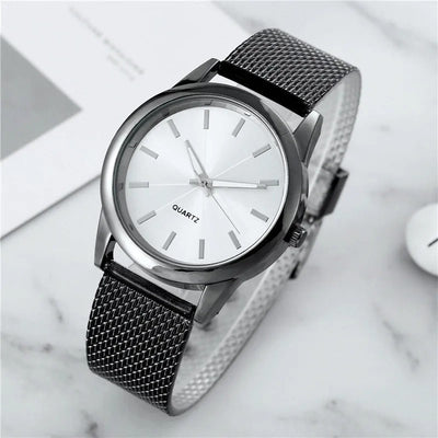 Vollschwarze Minimalistische Herren- und Damenarmbanduhr – Schwarzes Gehäuse mit Edelstahl-Mesh-Armband