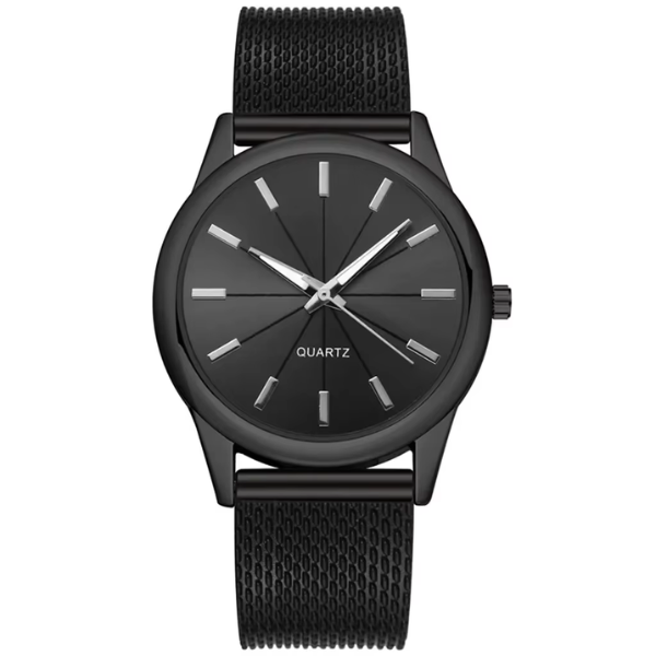 Vollschwarze Minimalistische Herren- und Damenarmbanduhr – Schwarzes Gehäuse mit Edelstahl-Mesh-Armband