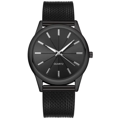 Vollschwarze Minimalistische Herren- und Damenarmbanduhr – Schwarzes Gehäuse mit Edelstahl-Mesh-Armband