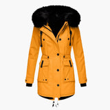 Andrea | Damen Casual Warme Longline Kapuzen Winterjacke in Gold