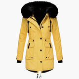 Andrea | Damen Casual Warme Longline Kapuzen Winterjacke in Gelb