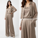 Seville Satin Touch™ 3-Teiliges Set mit Fließender Überwurfbluse und Weiter Hose in Khaki