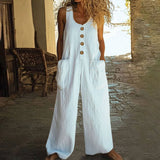 Lässiger Button-Up Jumpsuit mit weitem Bein und Taschen in Weiß