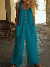 Lässiger Button-Up Jumpsuit mit weitem Bein und Taschen in Blau