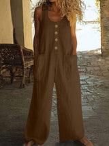 Lässiger Button-Up Jumpsuit mit weitem Bein und Taschen in Braun