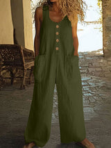 Lässiger Button-Up Jumpsuit mit weitem Bein und Taschen in Militärgrün