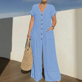 Cannes™ Jumpsuit mit Knopfleiste vorn und V-Ausschnitt in Hellblau