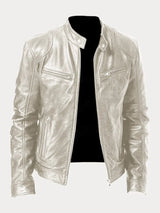 Nicole | Damen Stylische Streetwear Moto Lederjacke in Silber