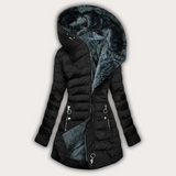 Warme Damen Daunenjacke mit Fellkapuze in Schwarz