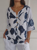 Elara - Botanische V-Ausschnitt Bluse in Weiß