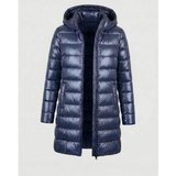 Aileen | Damen Steppjacke mit Kapuze, Reißverschluss und langer Silhouette in Blau