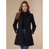 Amea | Damen Trench Coat lang geschnitten mit Kragen und Knöpfen in Schwarz