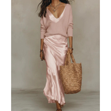 Aurelia | Damen Langarm Maxikleid mit Pullover und Satin Rock in Rosa