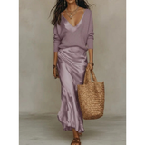 Aurelia | Damen Langarm Maxikleid mit Pullover und Satin Rock in Lila