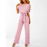 Quirina | Damen Wide Leg Jumpsuit Gürtel Kurzarm – Overall Weites Bein 2026 in Rosa