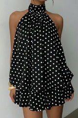 Polka Dot Halfter Minikleid mit rückenfreier Schnürung in Schwarz