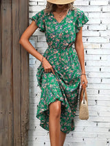 Marie - Elegant V-Neck Kleid mit Blumenmuster und Flatterärmeln in Grün