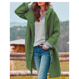 Beatrix | Damen Lange Fleece Winterjacke mit Kapuze und Knöpfen in Dunkelgrün