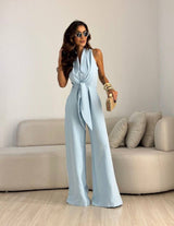 Kamwi - Eleganter Jumpsuit Mit Drapiertem Ausschnitt Und Weitem Bein in Blau