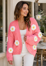 Damen-Strickjacke aus grobem Strick mit Blumenapplikationen und Puffärmeln – Mulinne in Rosa