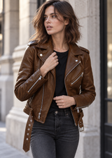 Damen-Bikerjacke in Lederoptik mit verstellbarem Gürtel – Faustine in Kaffee