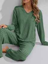 Damen Ripp Lounge Set mit langen Ärmeln in Grün