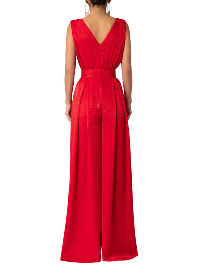 Solid Color And V-neck High Waist Wide Leg Jumpsuit